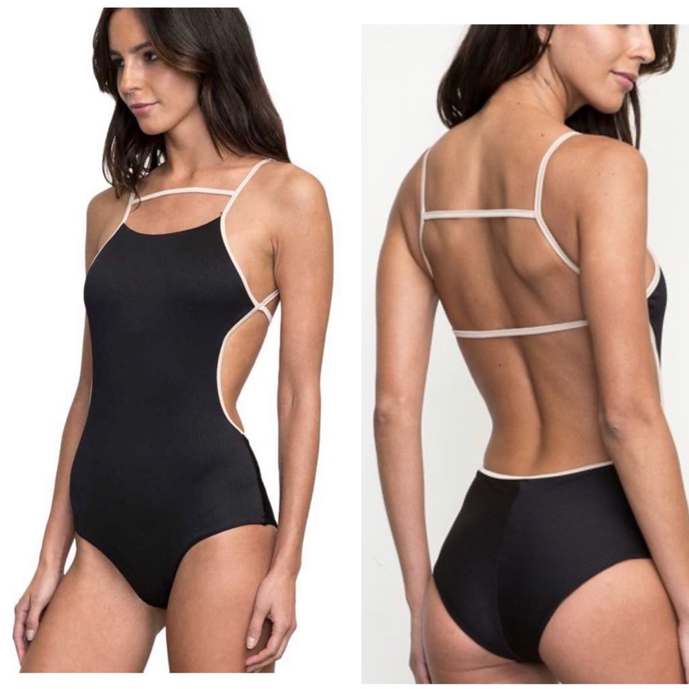 RVCA Frothy One Piece Tankini Black Swimsuit Ribbed Bathing Suit S/M